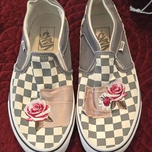 Vans Gray and White Checkered Slip-Ons with Floral Embroidery